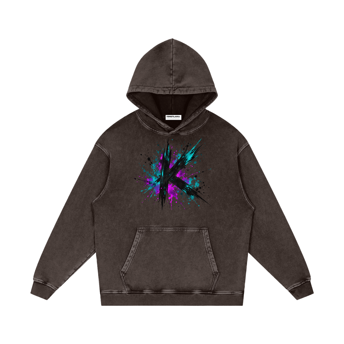 Front view of a washed brown hoodie with a K and colorful paint splashes.