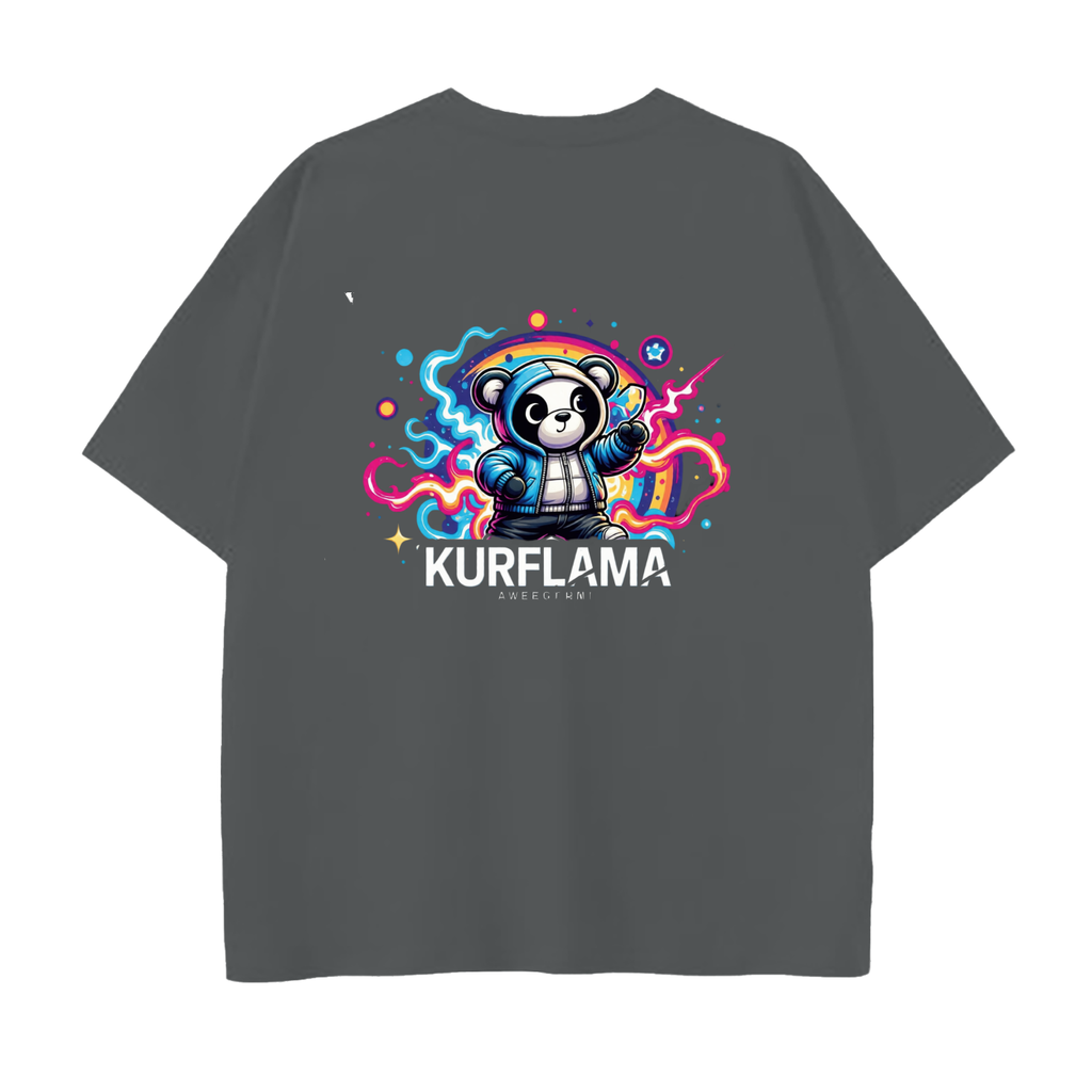 Back view of a dark gray Drop Shoulder Cotton T-Shirt with a colorful panda graphic and Kurflama lettering.