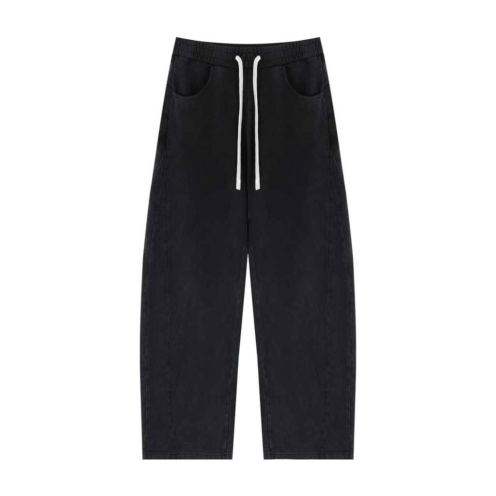 Black wide-leg pants with a white drawstring and front patch pockets, shown flat against a white background.