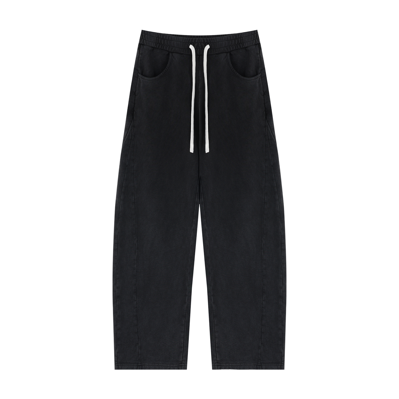 Black wide-leg pants with a white drawstring and front patch pockets, shown flat against a white background.
