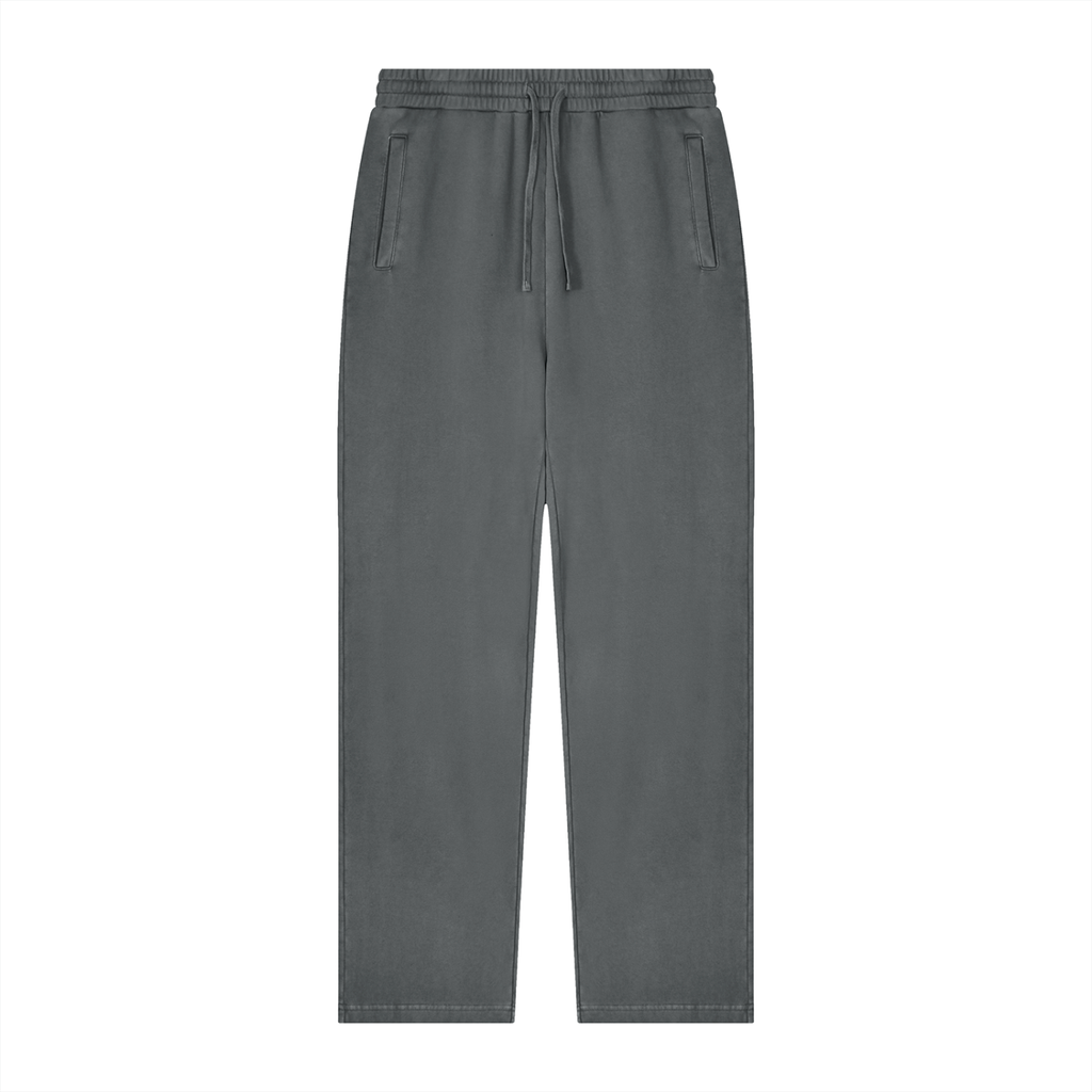 A pair of dark gray drawstring sweatpants with side pockets, shown flat against a solid white background.
