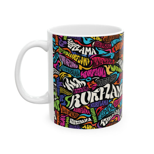 White ceramic mug with a colorful graffiti-style word-art wrap design.