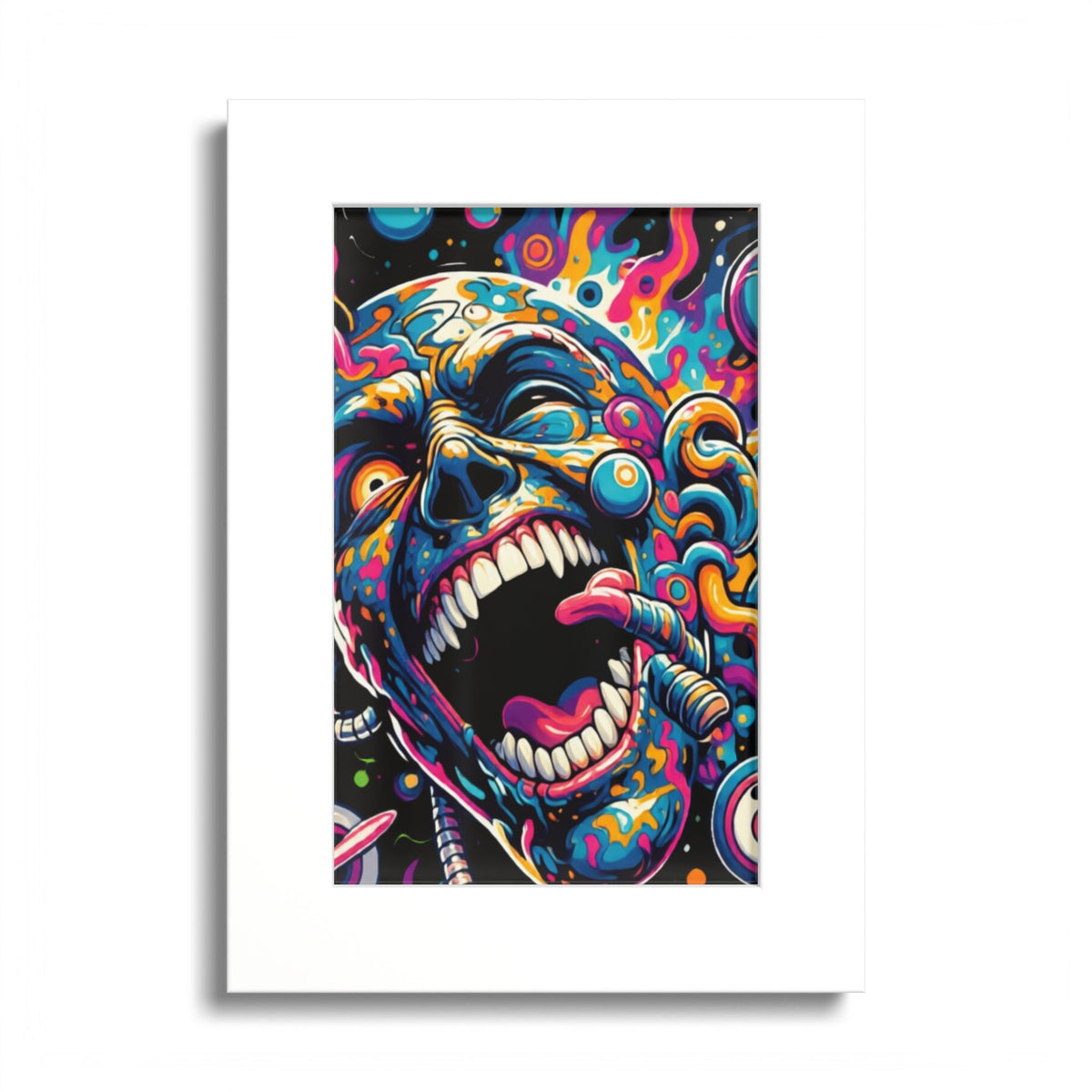 Colorful screaming-face artwork in a white frame.