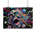 Colorful screaming-face poster hanging from clips.