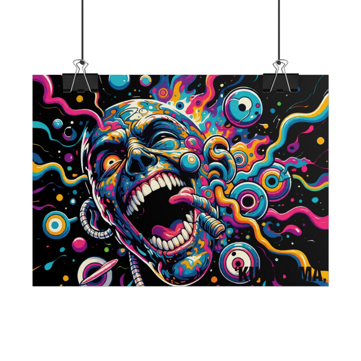 Colorful screaming-face poster hanging from clips.
