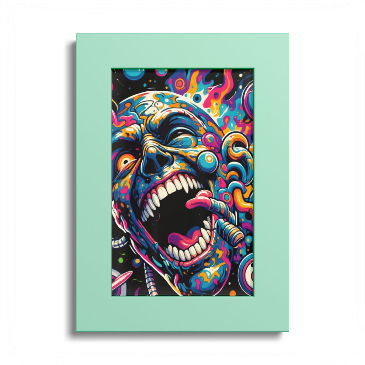 Colorful screaming-face artwork in a mint green frame.