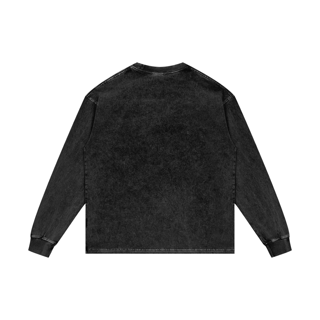 Black acid-wash oversized long-sleeve t-shirt, alternate view, on a white background
