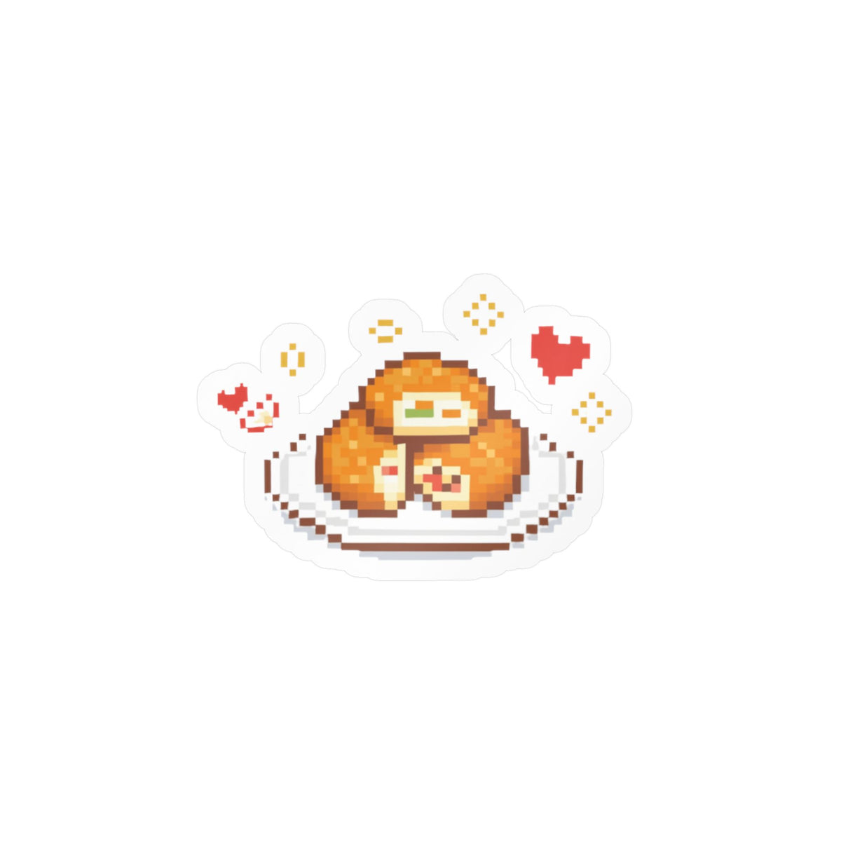 Pixel-art sticker with an orange sloth and apple-fritter design, surrounded by hearts.
