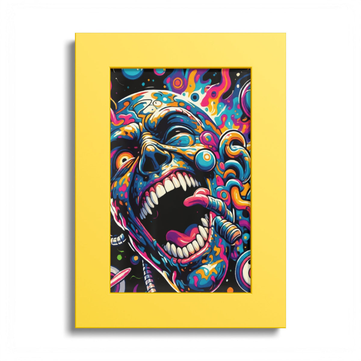 Colorful screaming-face artwork in a yellow frame.