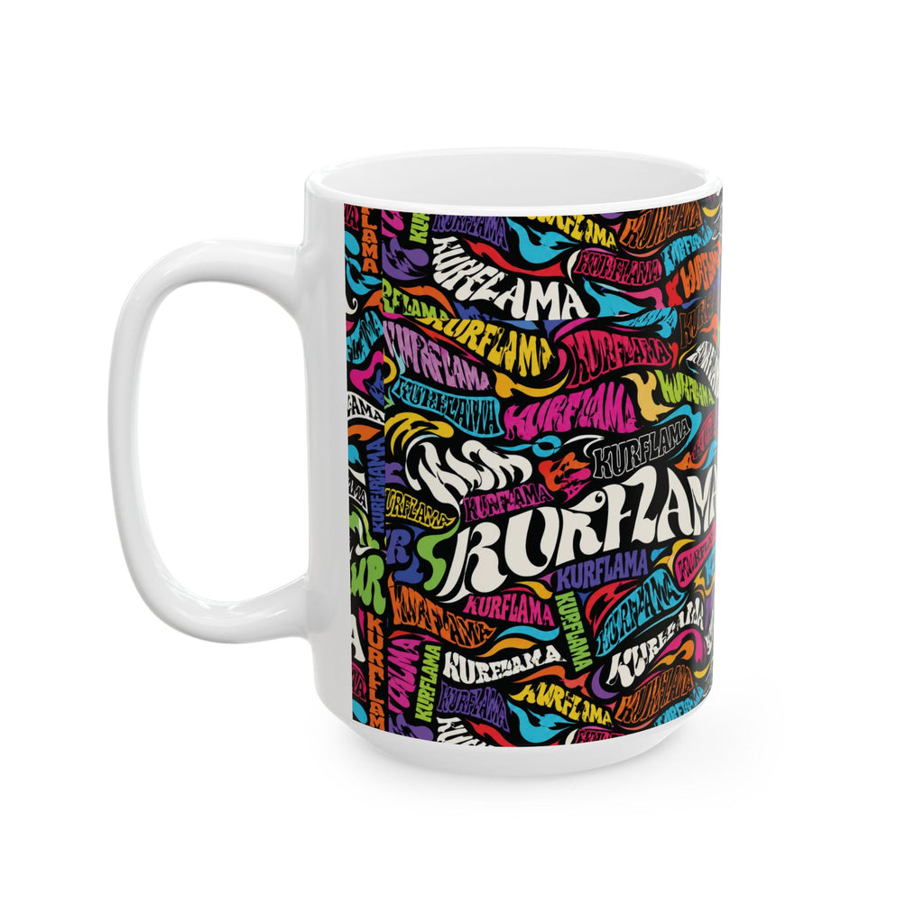 White ceramic mug with a colorful graffiti-style word-art wrap design.