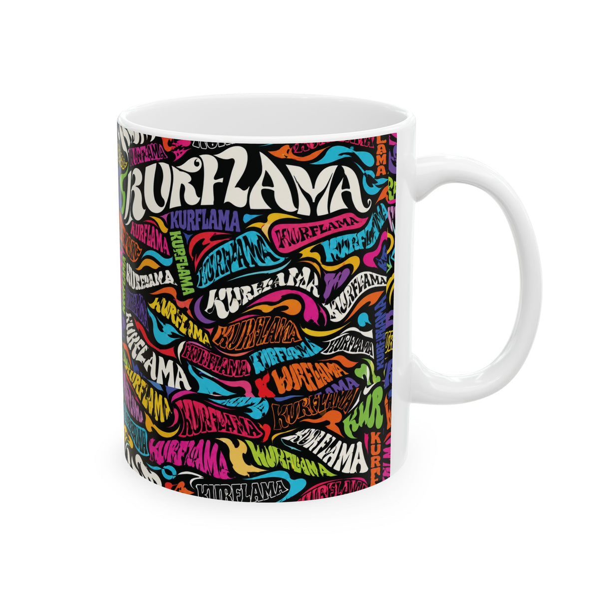 White ceramic mug with a colorful graffiti-style word-art wrap design.