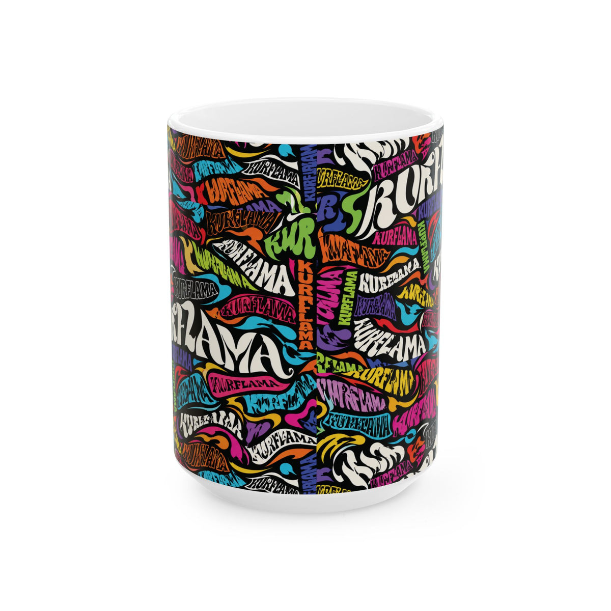 White ceramic mug with a colorful graffiti-style word-art wrap design.