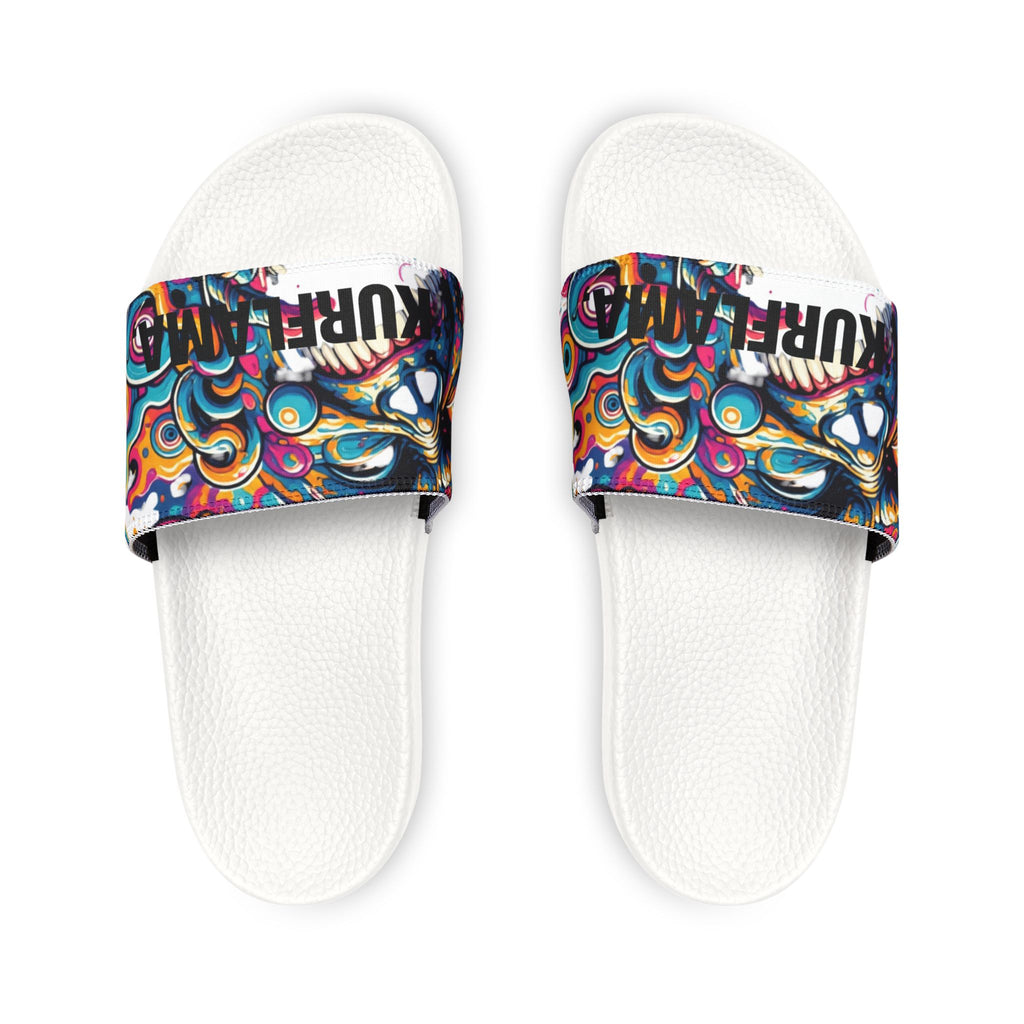 Pair of white slides with colorful Kurflama graphic straps.