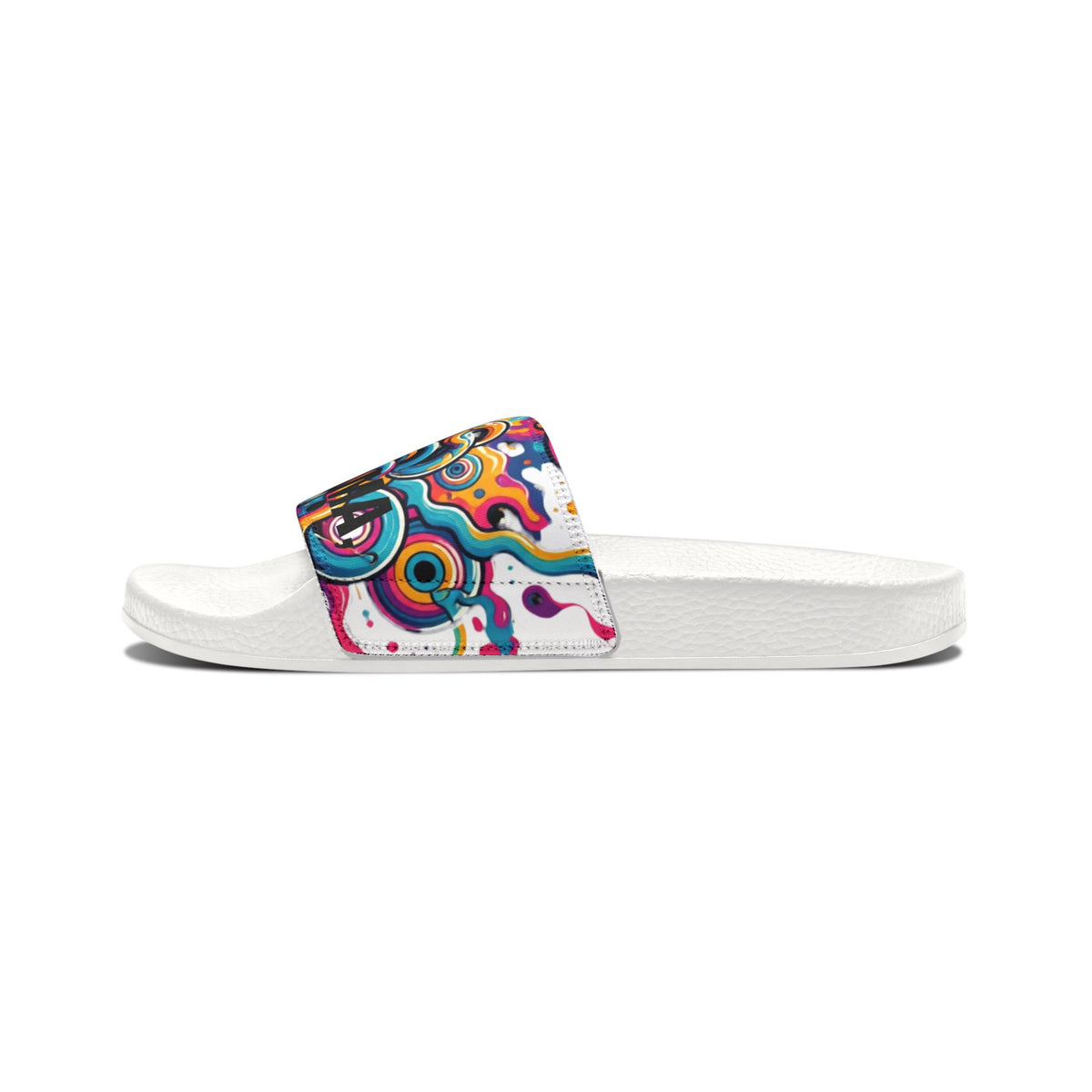 Side view of a white slide with a colorful graphic strap.