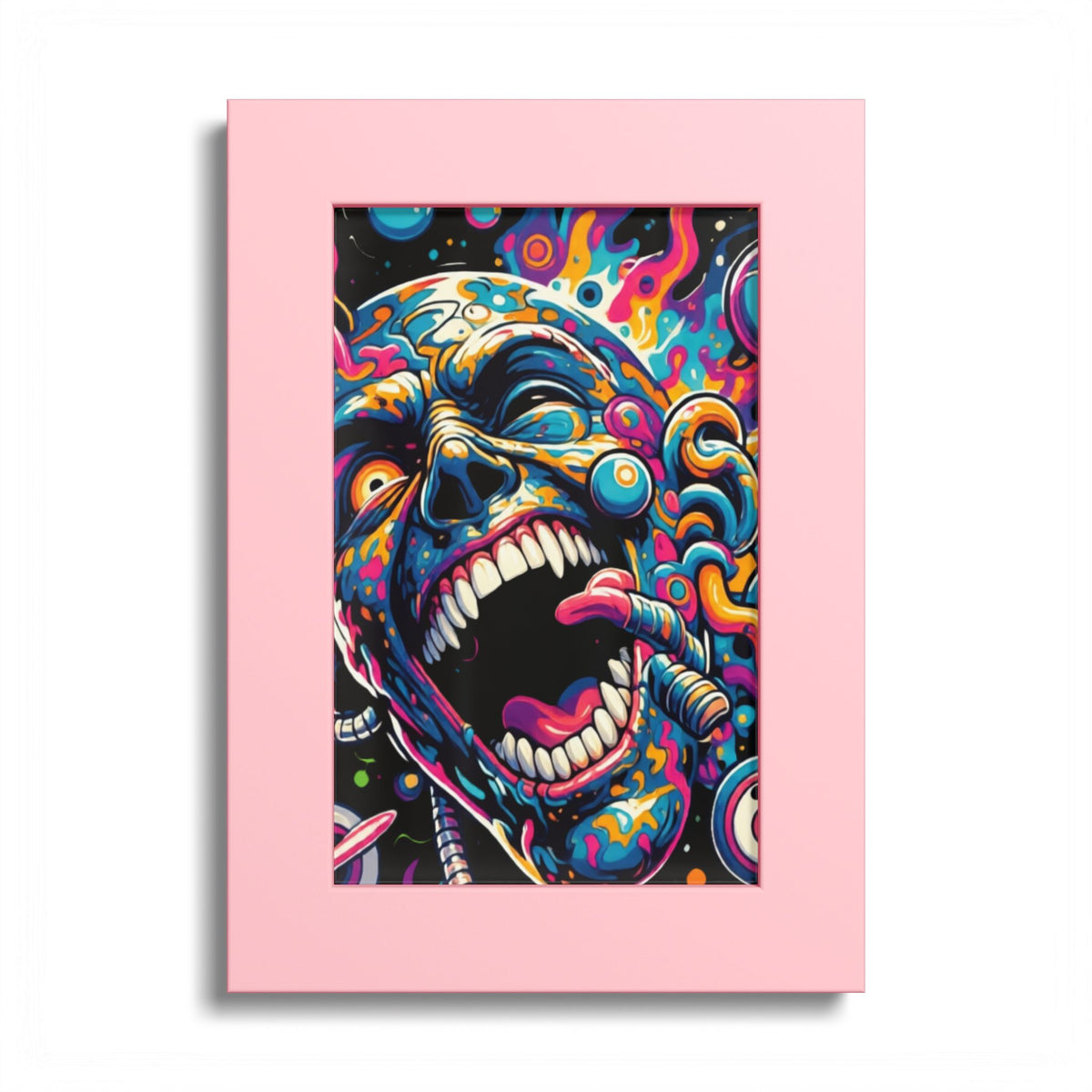 Colorful screaming-face artwork in a pink frame.