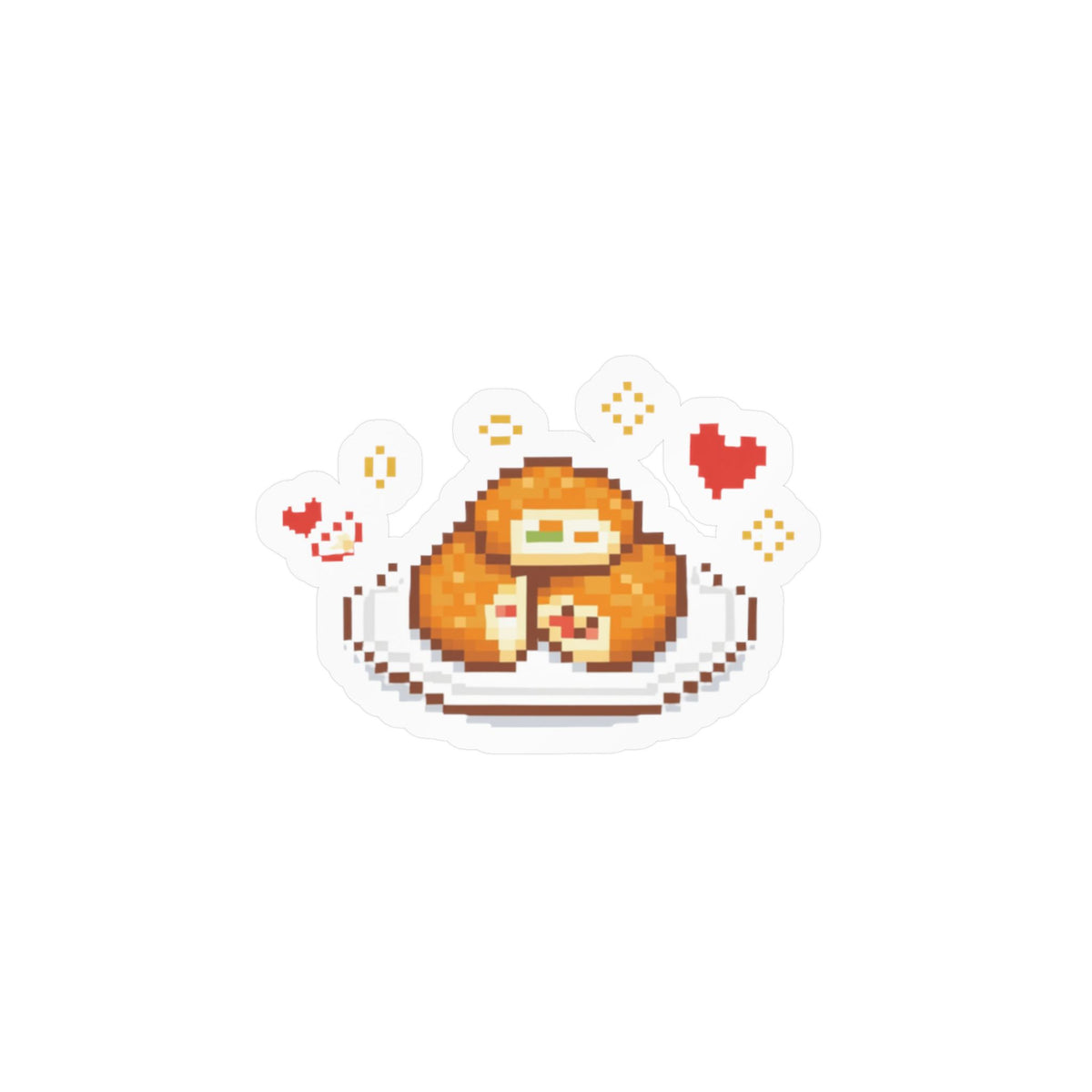 Pixel-art sticker with an orange sloth and apple-fritter design, surrounded by hearts.