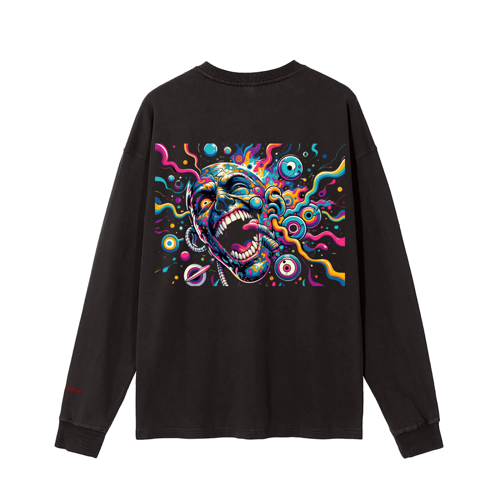 Back view of a black long-sleeve T-shirt with colorful screaming-face artwork.