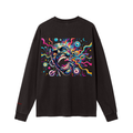 Back view of a black long-sleeve T-shirt with colorful screaming-face artwork.