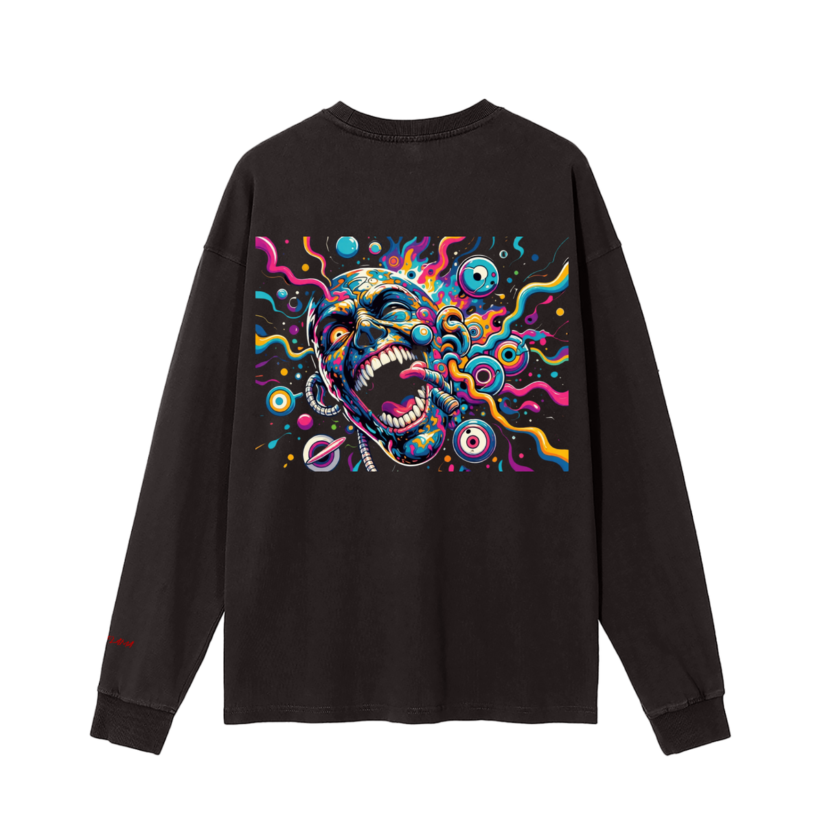 Back view of a black long-sleeve T-shirt with colorful screaming-face artwork.