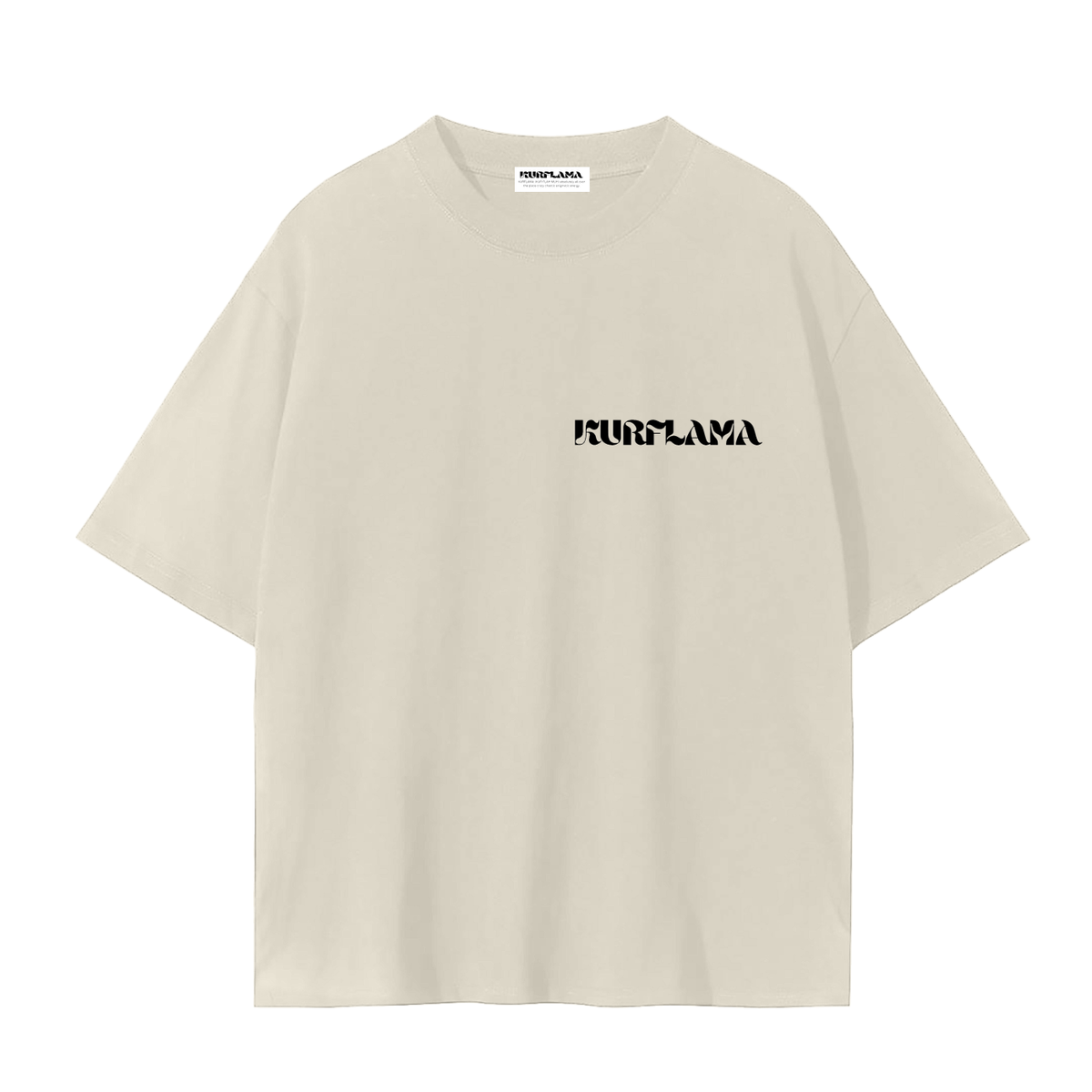 A cream-colored oversized short-sleeve t-shirt with a black stylized 'KURFLAMA' text graphic printed on the left chest, displayed against a solid white background.