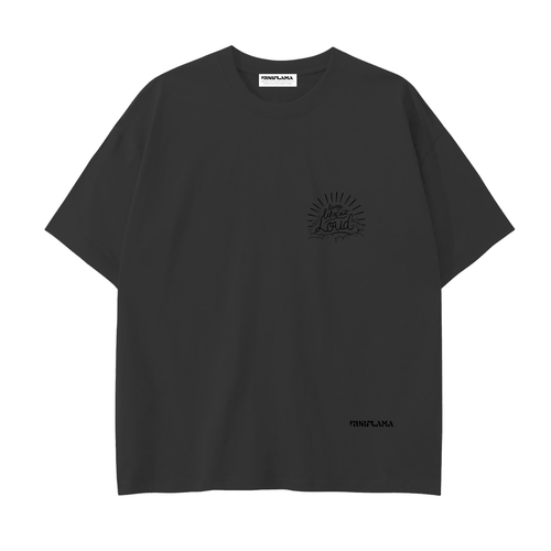 Front view of a black Drop Shoulder Cotton T-Shirt with a small chest graphic.