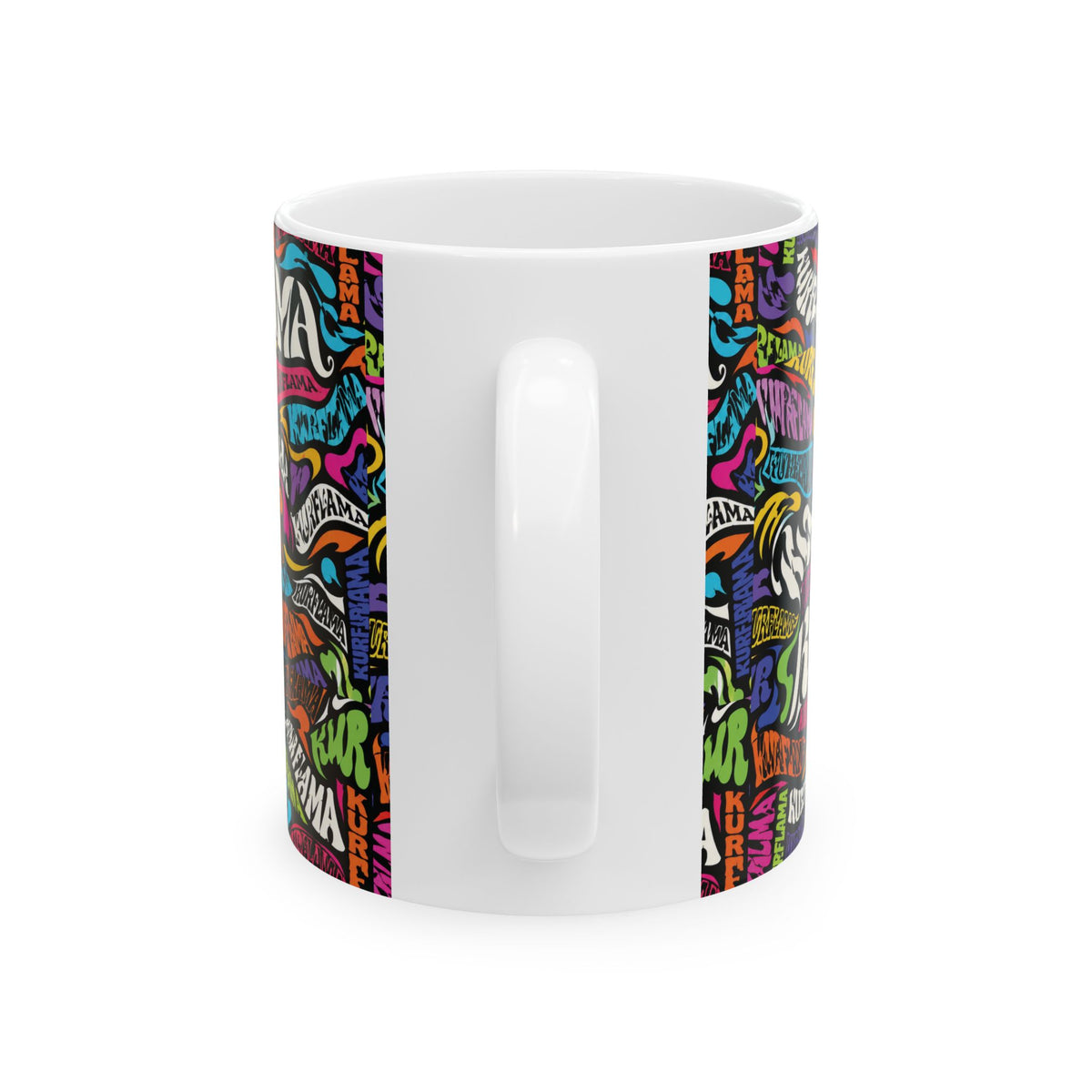 A white ceramic coffee mug featuring a vibrant, multicolored graffiti-style wrap design on the sides, shown against a plain white background.
