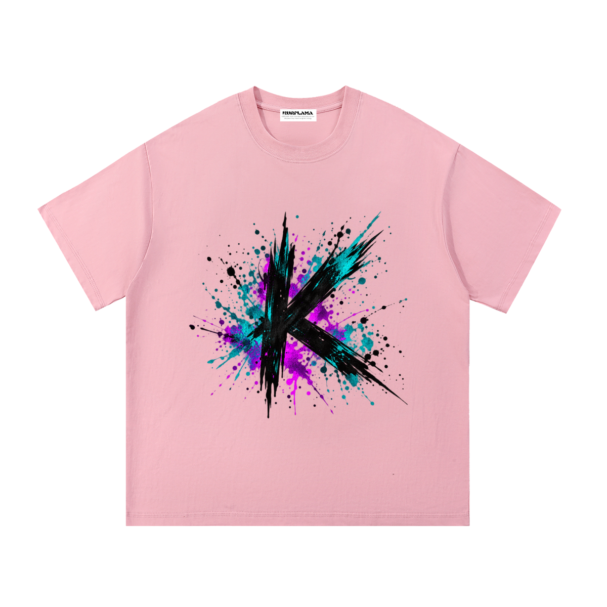 Front view of a pink tee with a black K and teal and magenta paint splashes.