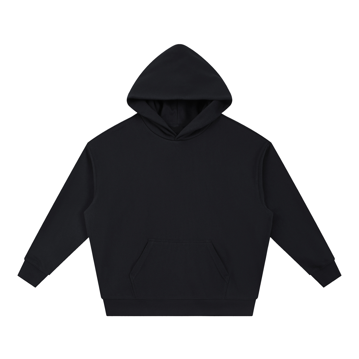A plain black pullover hoodie with a front kangaroo pocket, shown flat against a solid white background.
