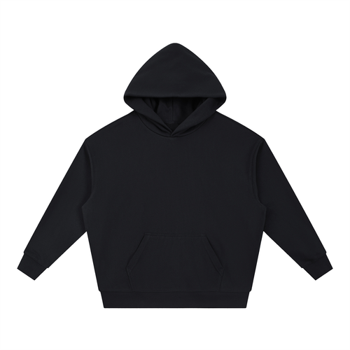 A plain black pullover hoodie with a front kangaroo pocket, shown flat against a solid white background.