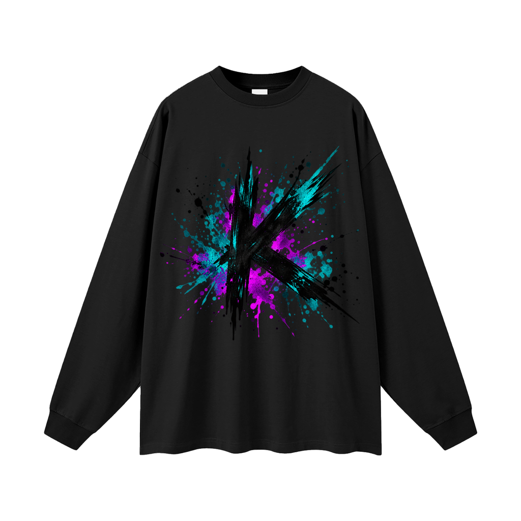 Front view of a black oversized long-sleeve tee with a K and colorful paint splashes.