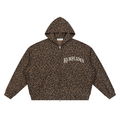 A brown and black leopard print zip-up hoodie with 'BURFLAMA' printed in white gothic lettering on the left chest, displayed flat against a solid white background.