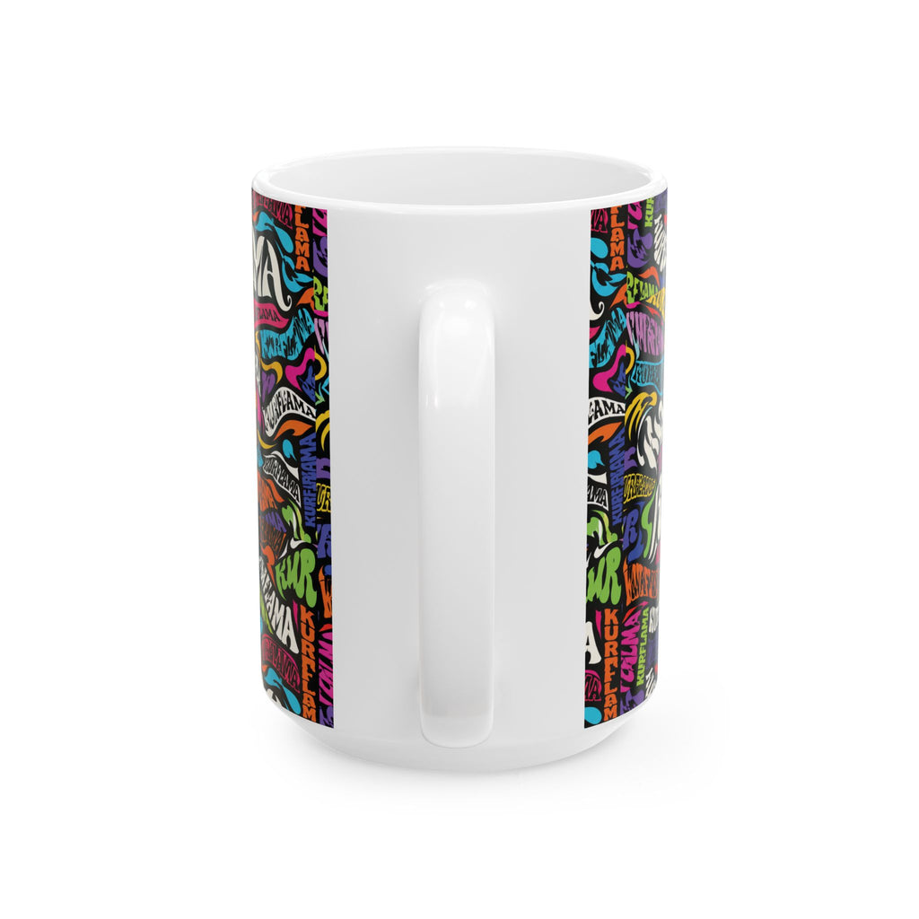 A white ceramic coffee mug with a colorful graffiti-style wrap-around print, shown from a three-quarters angle on a white background.