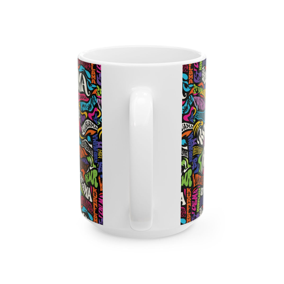 A white ceramic coffee mug with a colorful graffiti-style wrap-around print, shown from a three-quarters angle on a white background.