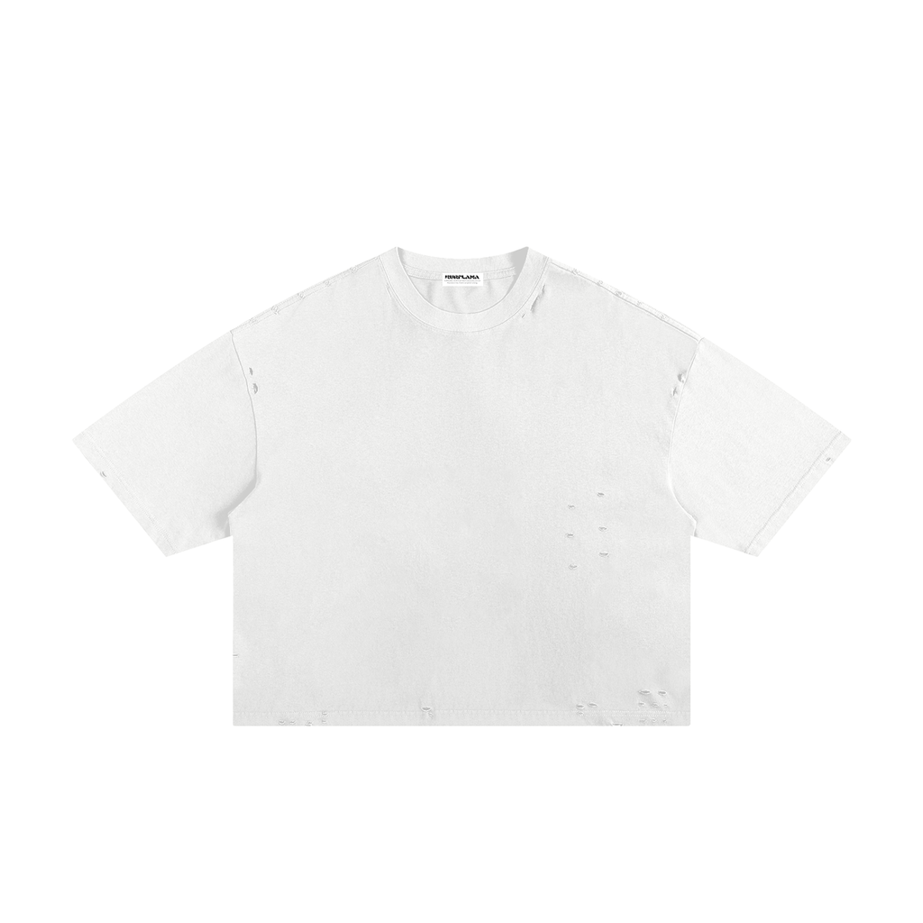 Front view of a plain white boxy tee.