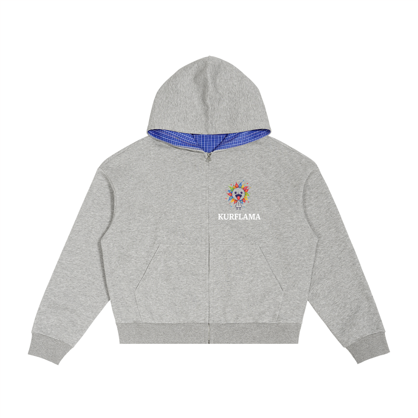 Contrast Plaid Boxy Zip Hoodie