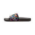 Side view of a black slide with a colorful graphic strap.
