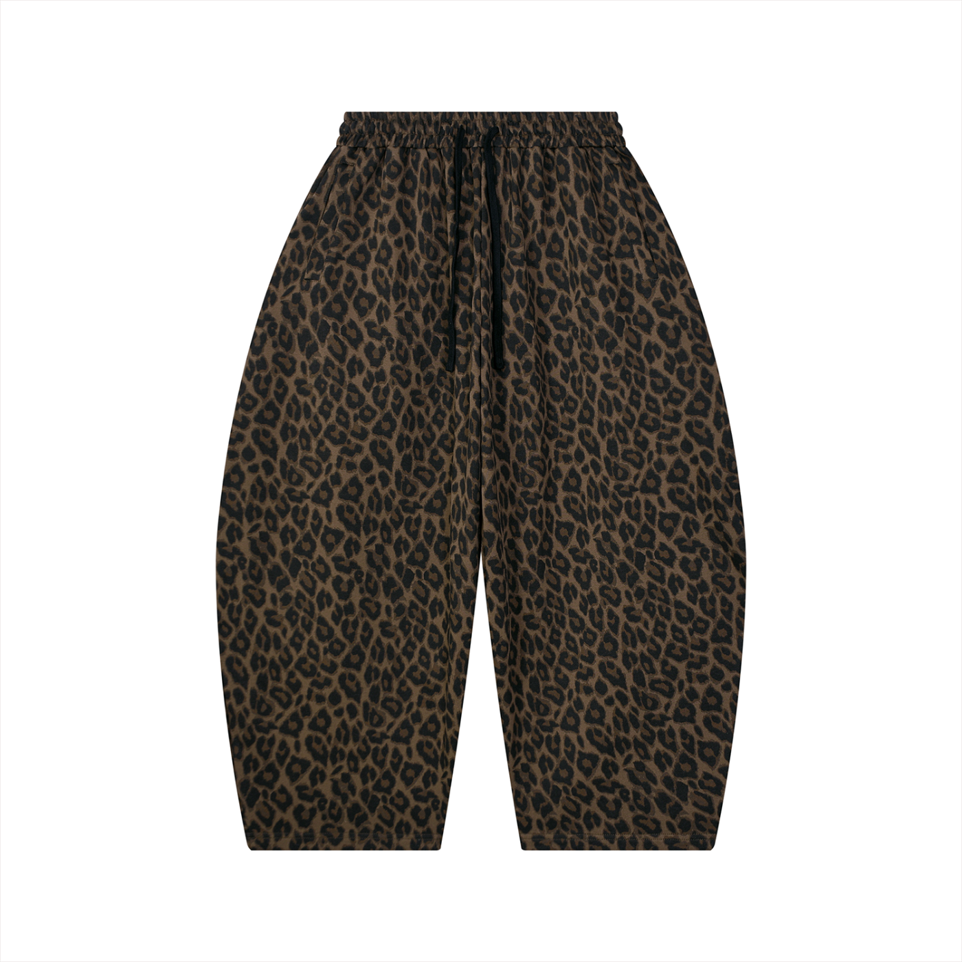 Leopard print wide-leg sweatpants with an elastic waistband and black drawstring, shown flat on a white background.