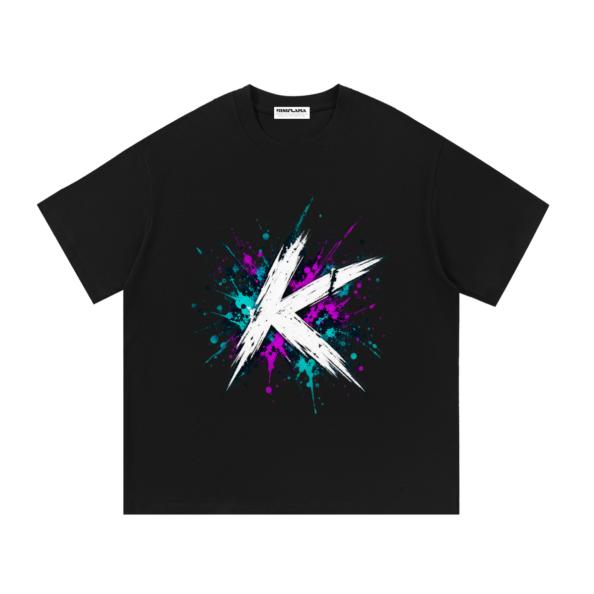 Front view of a black tee with a white K and colorful paint splashes.