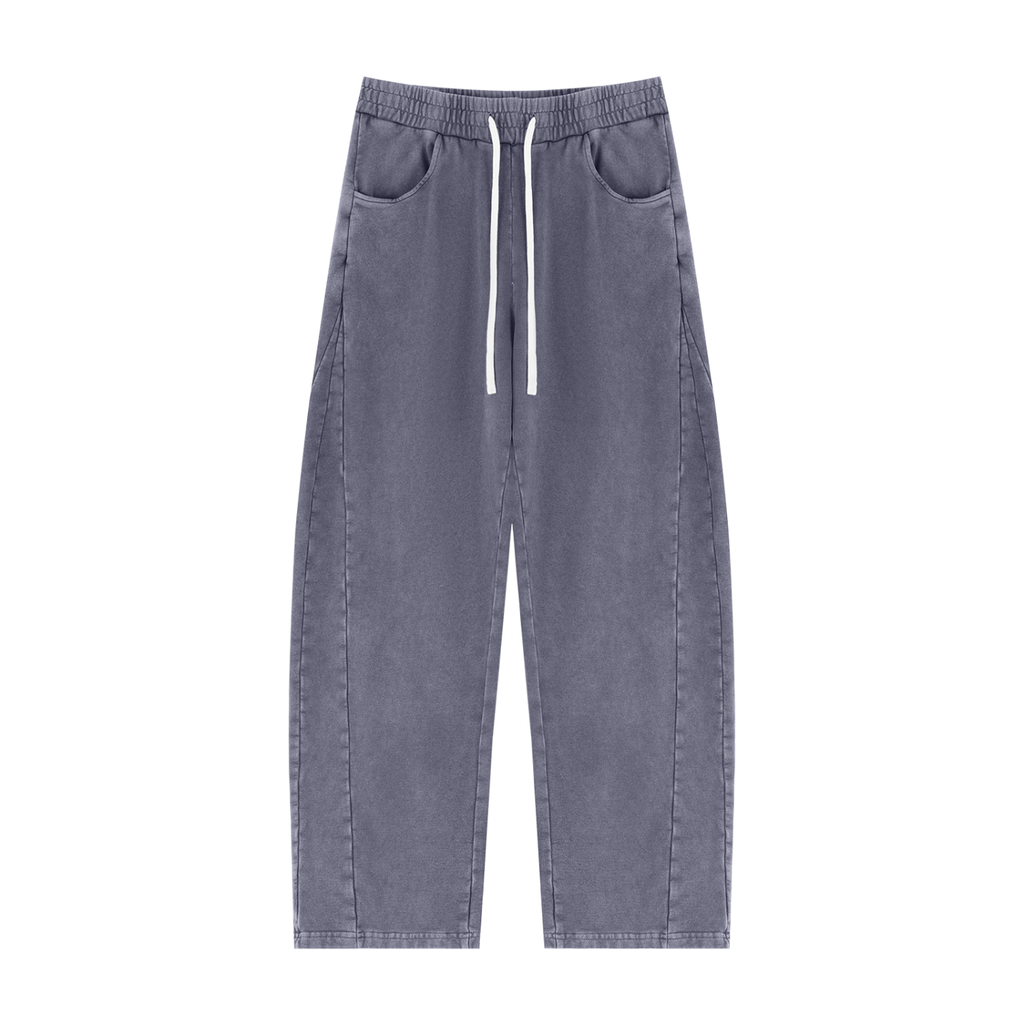 A pair of gray washed denim pants with a white drawstring and front slash pockets, shown flat against a solid white background.