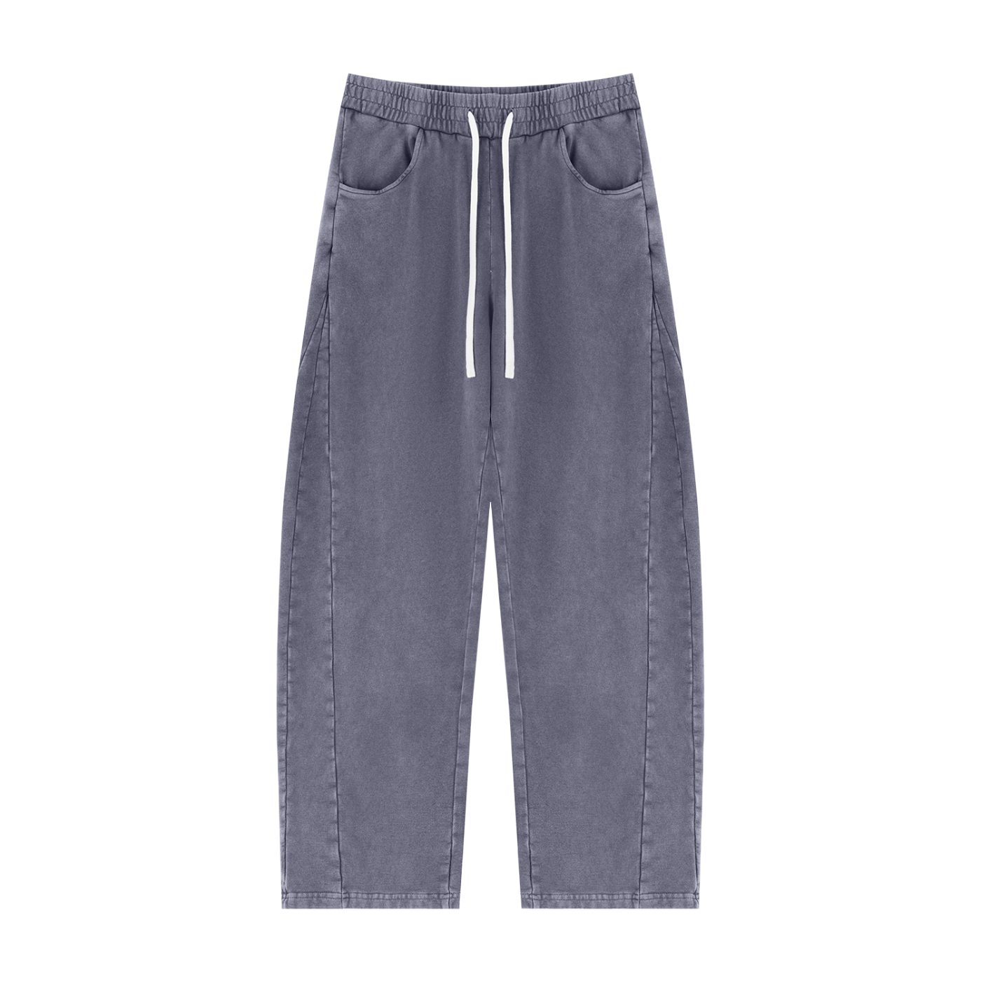 A pair of gray washed denim pants with a white drawstring and front slash pockets, shown flat against a solid white background.