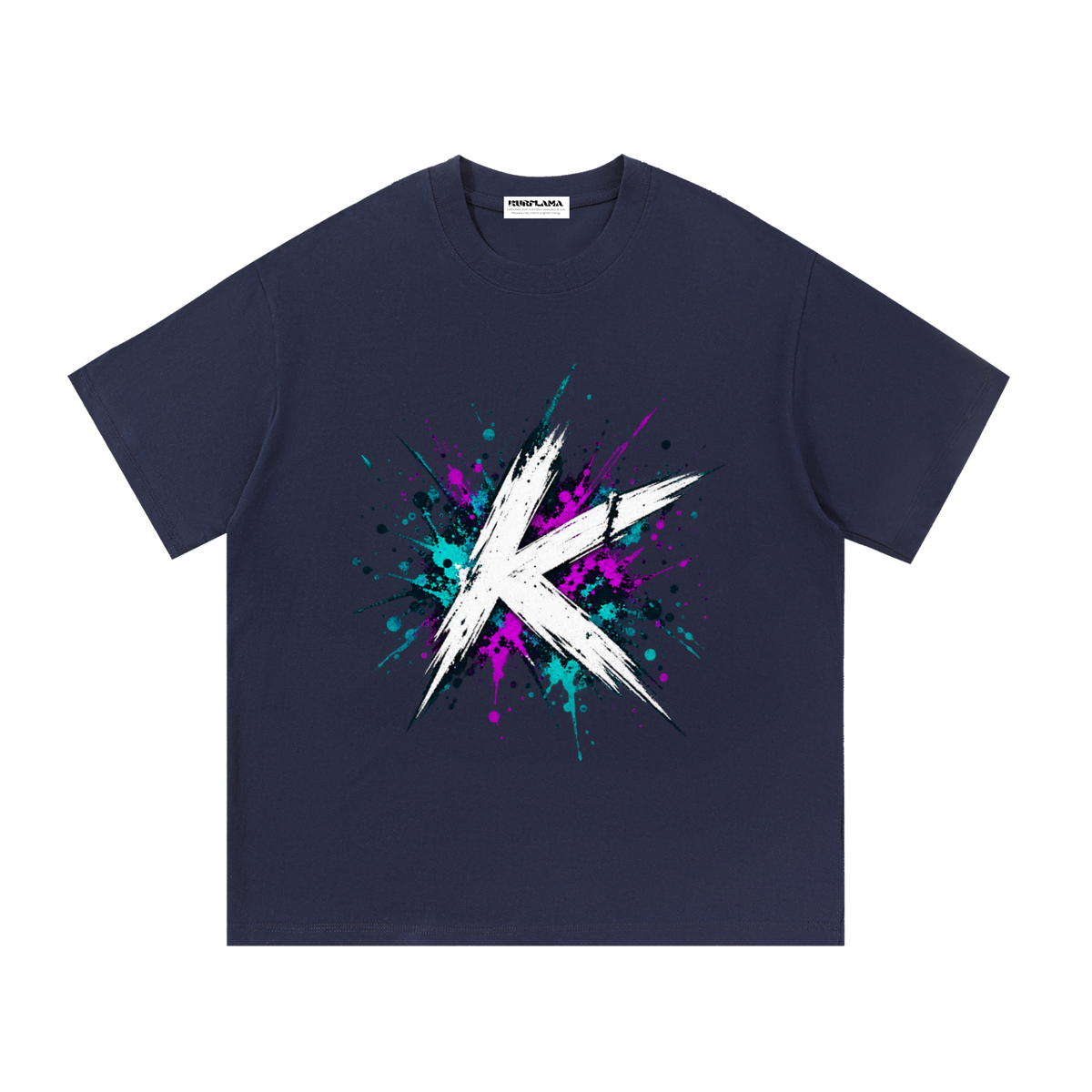 Front view of a navy blue tee with a white K and colorful paint splashes.