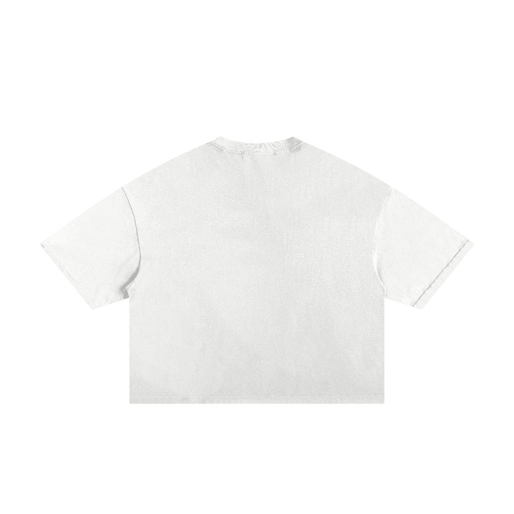 Back view of a plain white boxy tee.