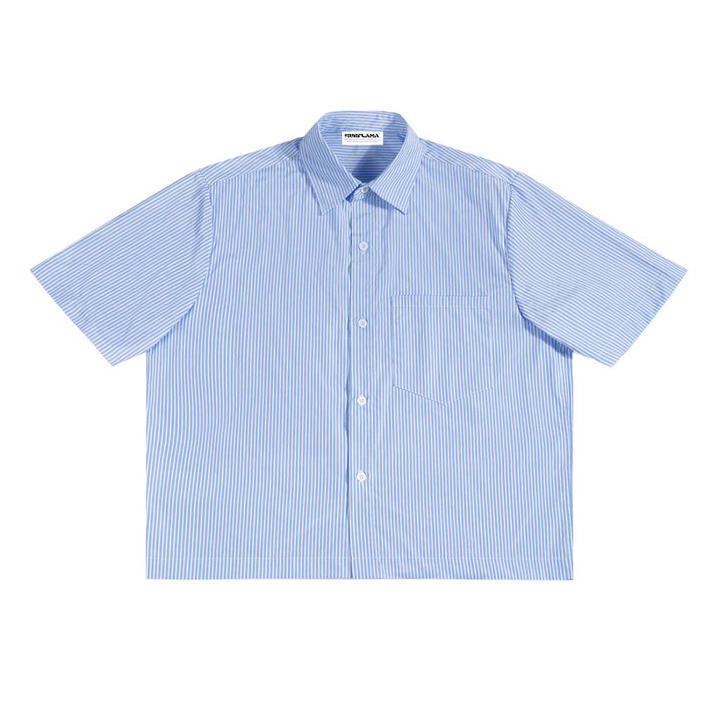 Blue and white striped short-sleeve shirt on a white background