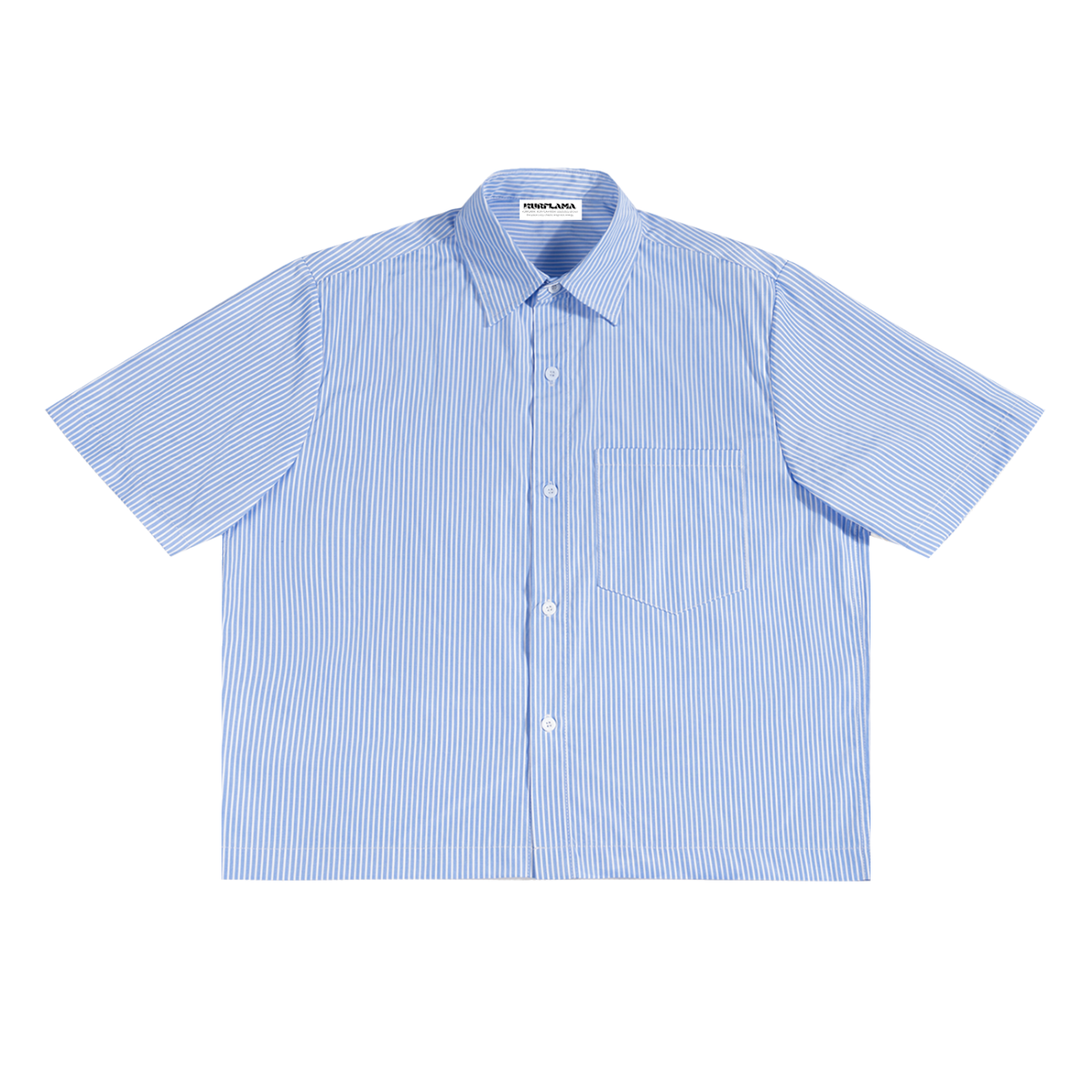 Blue and white striped short-sleeve shirt on a white background