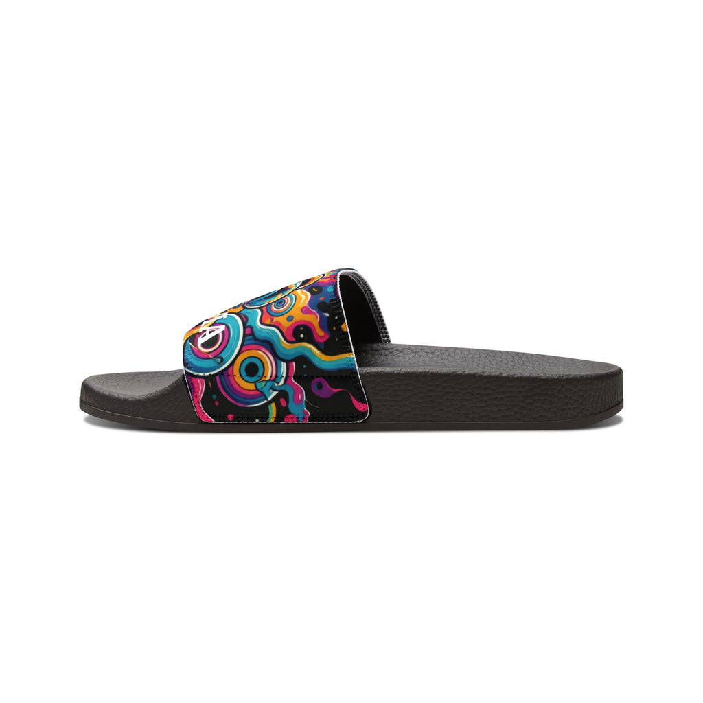 Side view of a black slide with a colorful graphic strap.
