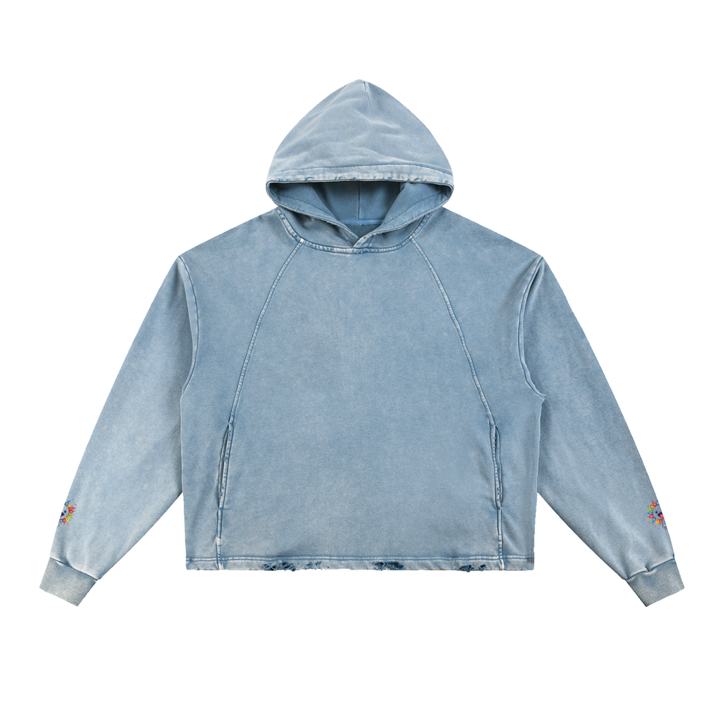 Blue hoodie with color sprite skulls near cuffs on both sleeves on a white background