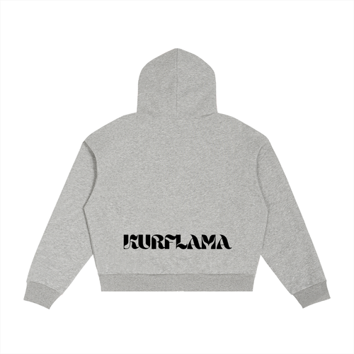 A light heather gray cropped hoodie shown from the back, featuring the word 'KURPLAMA' printed in a black stylized font across the center.