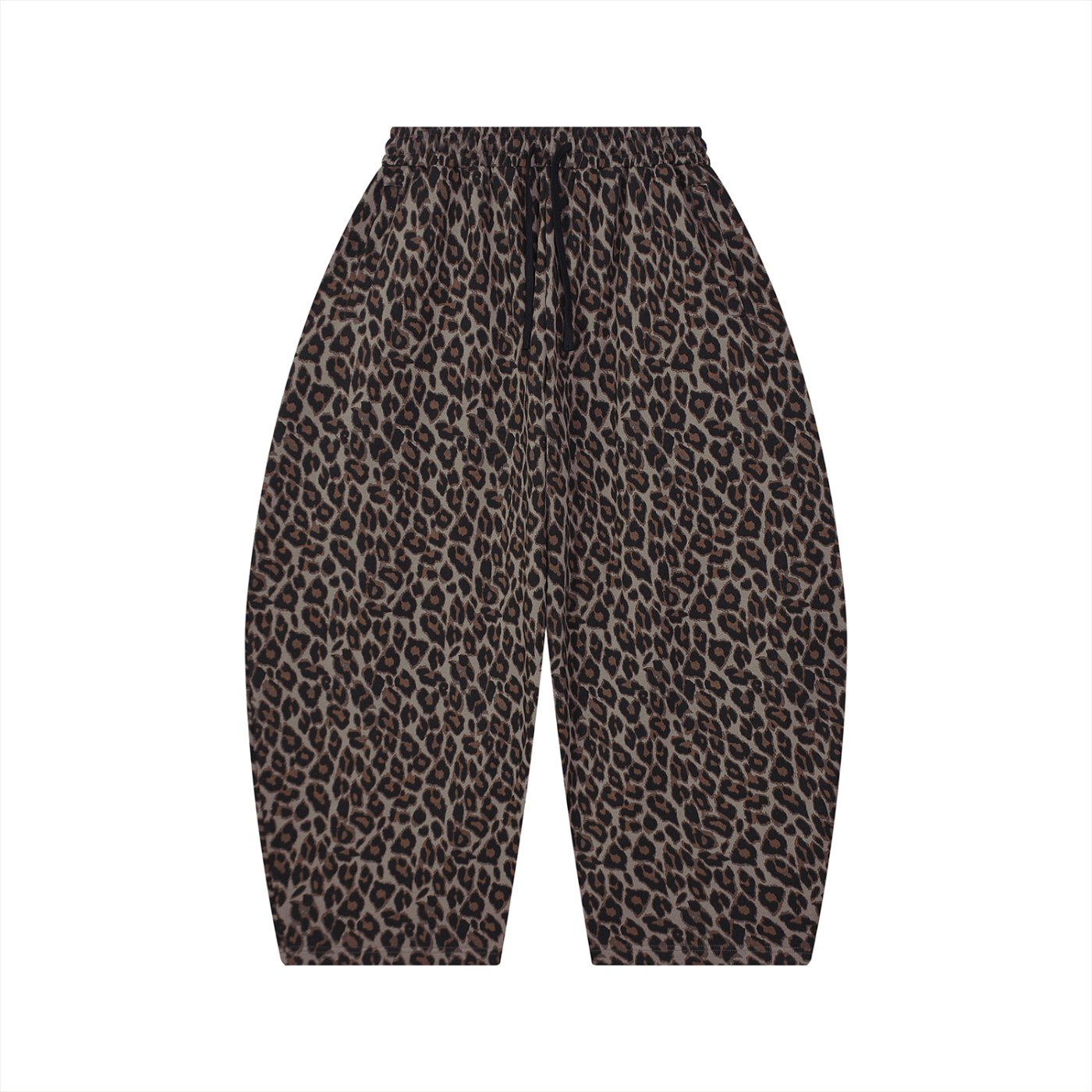 Leopard print wide-leg sweatpants with an elastic waistband and drawstring, shown flat against a solid white background.