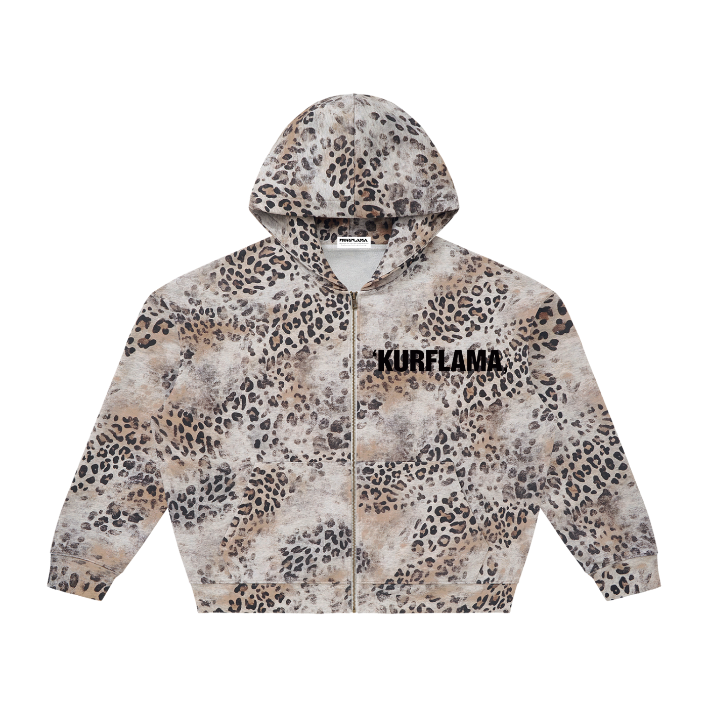 A hooded zip-up jacket with an all-over leopard print pattern in beige, brown, black, and white. It features a large embroidered Roman numeral 'III' with a monogram 'HI' on the left chest, displayed on a clean white background.