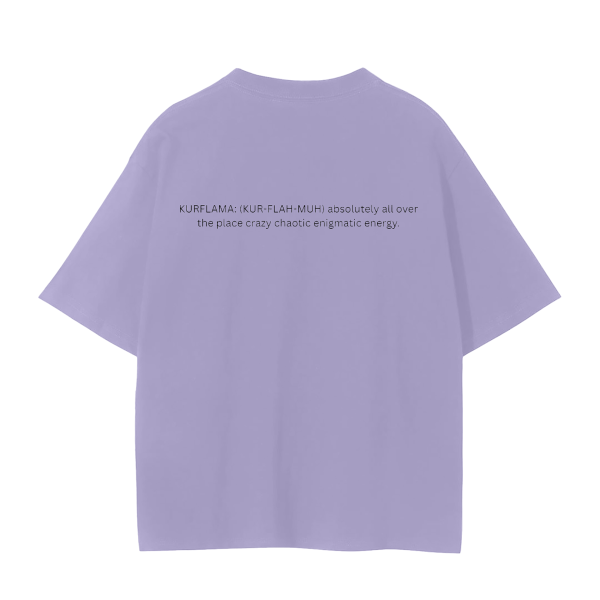 A lavender purple oversized short-sleeve t-shirt shown from the back, featuring a small black printed text graphic on the upper back.